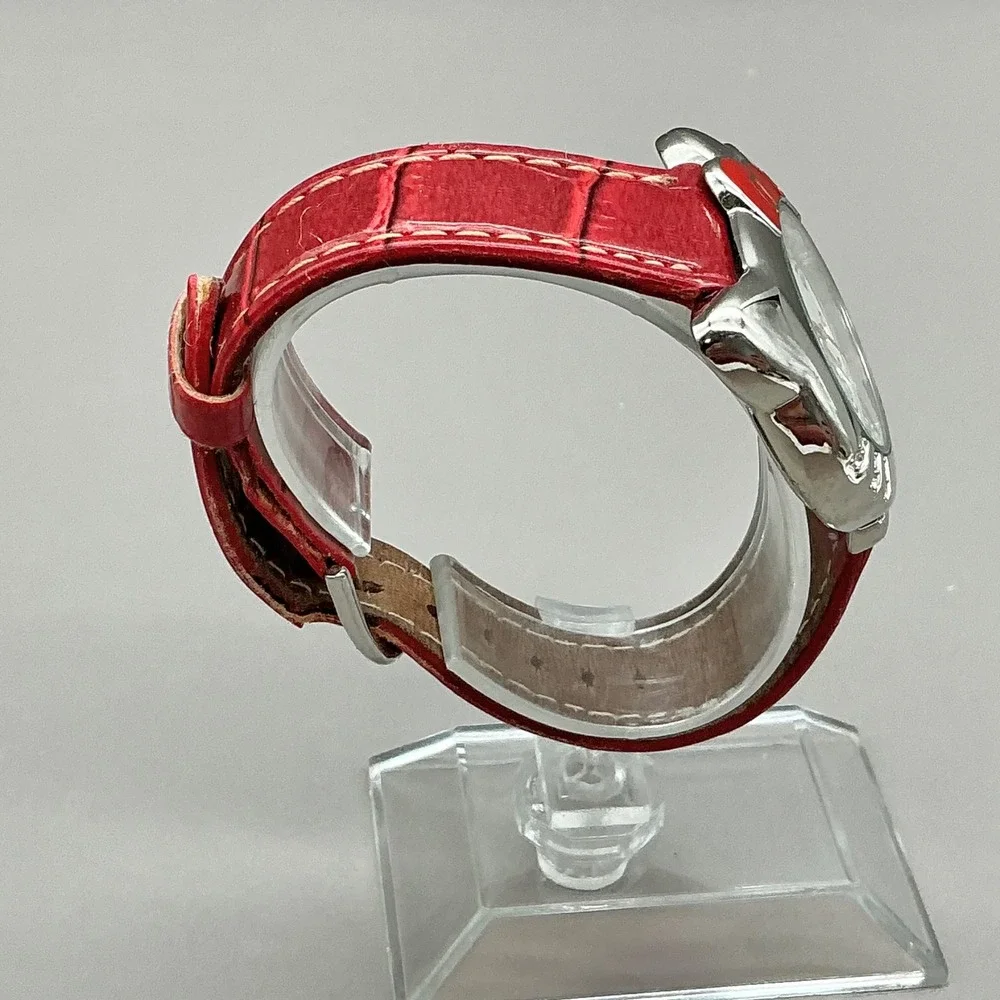 Sanrio Hello Kitty Watch Women's 2007 Red Strap Crystal Silver 38mm NEW BATTERY